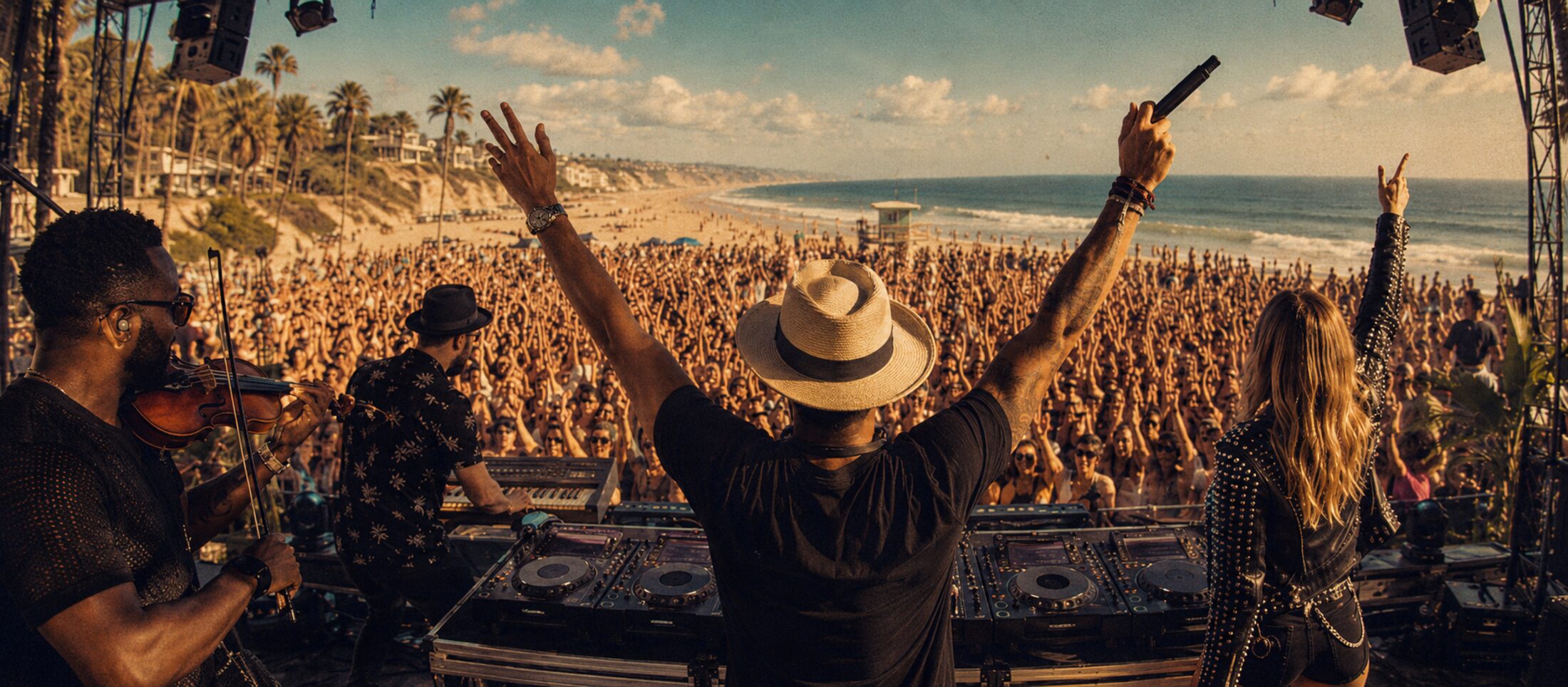 Neorq House on stage in front of a beach festival crowd at golden hour